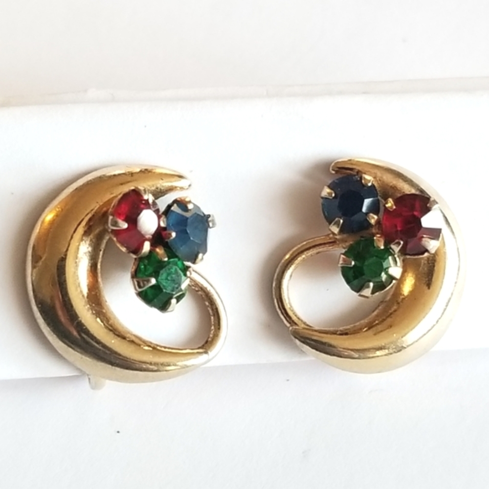 Vintage earrings crescent screwback gold tone blue, red, green rhinestone